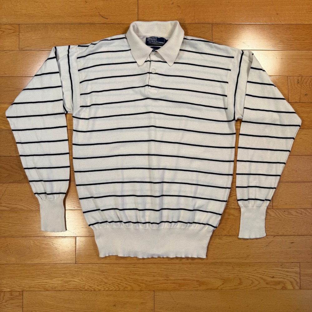 VTG‎ Polo Ralph Lauren Mens XL Striped Knit Polo Sweater White Navy 90s